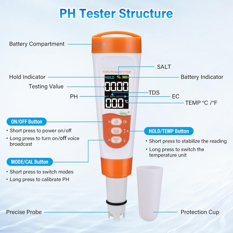 Hygger Pool Salt Tester & PH Meter, 5-in-1 Digital Pool Water Tester, High Accuracy Salinity PH Temp EC and TDS Saltwater Pool Test Kit for Aquarium Swimming Pool Hot Tub and Swim Spas - Image 4